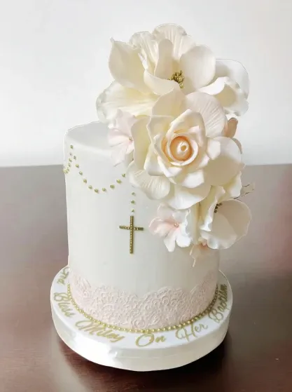 religious catholic 1 tier classic birthday cake with flowers