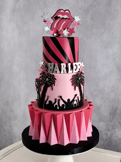 rock n roll theme 3 tier birthday cake hot pink and flashy