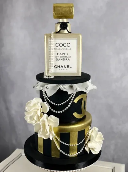 high class coco chanel perfume and gift box celebration birthday cake